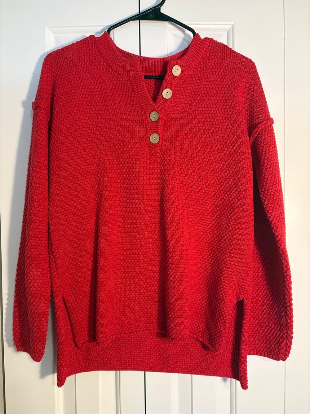 Red Button-Neck Women’s Sweater - Classic Knit Pullover